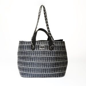 CHANEL Straw Tote Bag with Coco Mark, Black, WS27046